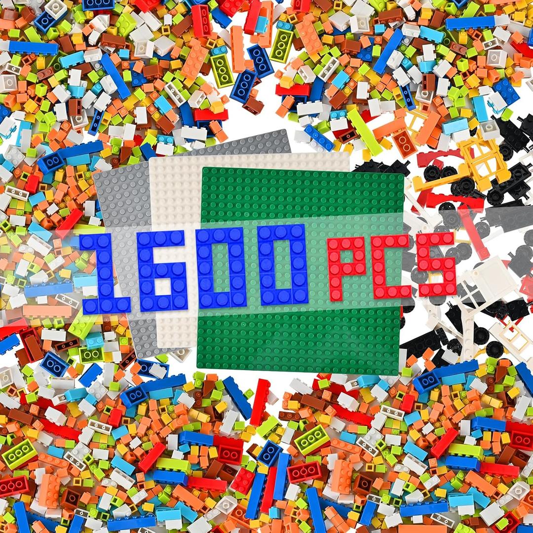 1600 PCS Building Bricks Set, Classic Bulk Building Blocks Compatible with All Major Brands, Includes 3 Baseplates, 53 Wheels Doors Windows Accessories, Creative STEM Construction Toy Gift for Kids