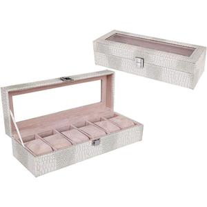 Watch Box Large 6 Men Women Crocodile Grain Leather Display Glass Top Jewelry Case Organizer Storage (White 6 slots)