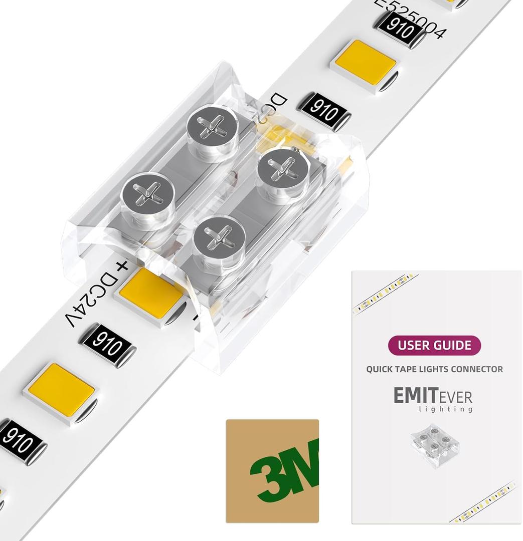 EMITEVER LED Strip Connectors,12 Packs LED Tape Light Connector 2 Pin Solderless Tighten Screw Transparent Tape to Tape Connectors for 5V 12V 24V 8mm Width LED Strip Lights (8mm Tape to Tape Connector)