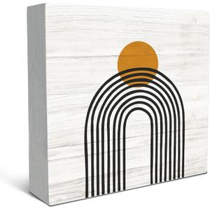 SRADMO Boho Sun Rainbow Abstract Geometric Balance Arch Shapes Wood Box Sign Desk Decor, Boho Mid Century Modern Art Wooden Block Box Sign Decoration For Home Office Shelf Table Decor (white)