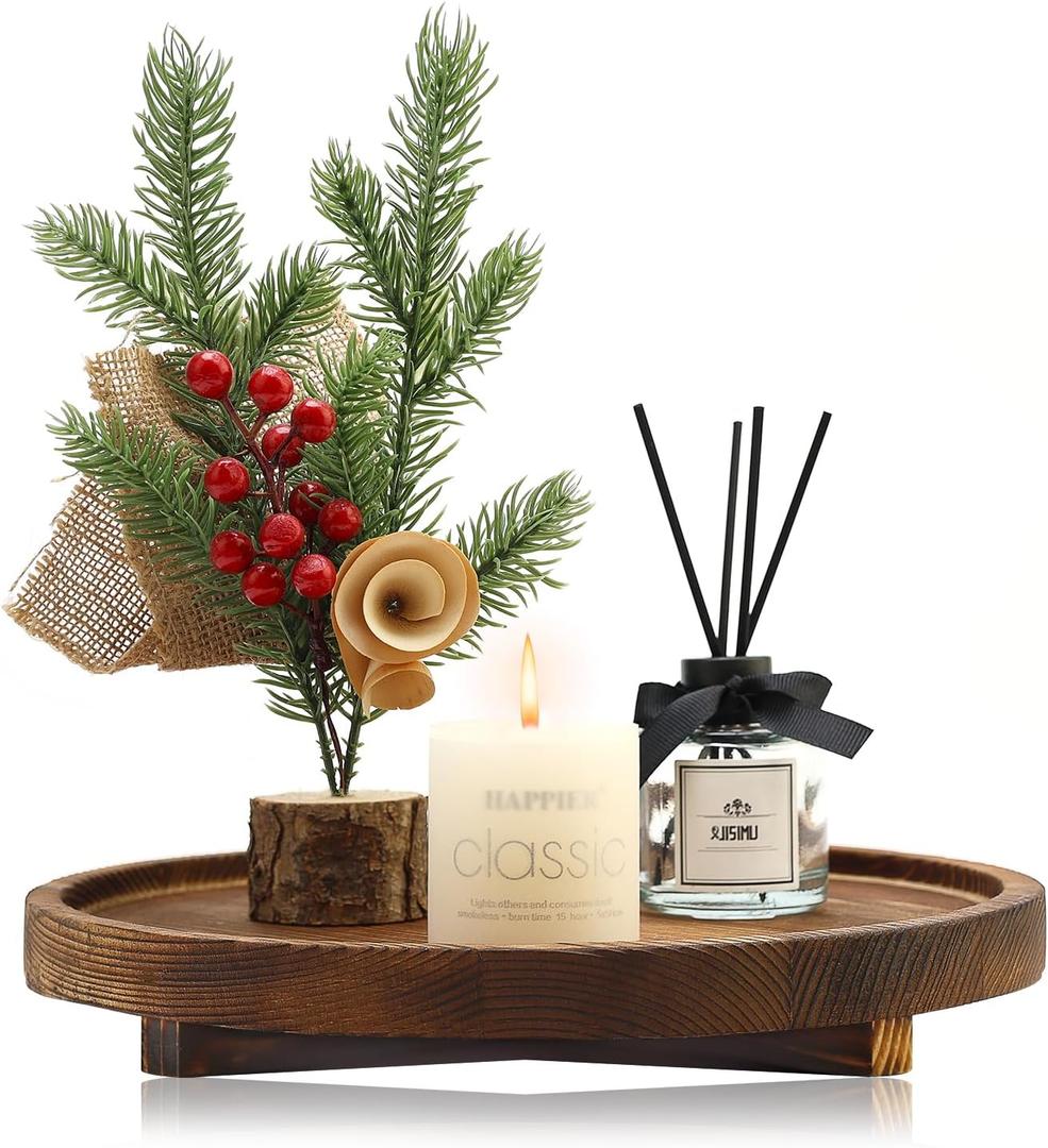 Round Decorative Wooden Tray for Bathroom Sink Kitchen Counter Decor Trays Small Wood Riser Pedestal Stand Dining Coffee Table Trays Vanity Spa Bathroom Accessories for Soap Dish Perfume Candle Tray (10 inch, Dark Brown)