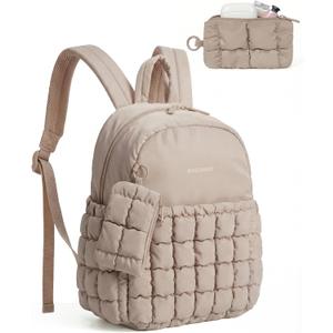 BAGSMART Mini Backpacks for Women, Puffy Checkered Quilted Small Backpack with Pouch, Lightweight Daypack Purse, Water-Resistant Bookbag for Daily Travel College, 2-in-1 Set, Brown