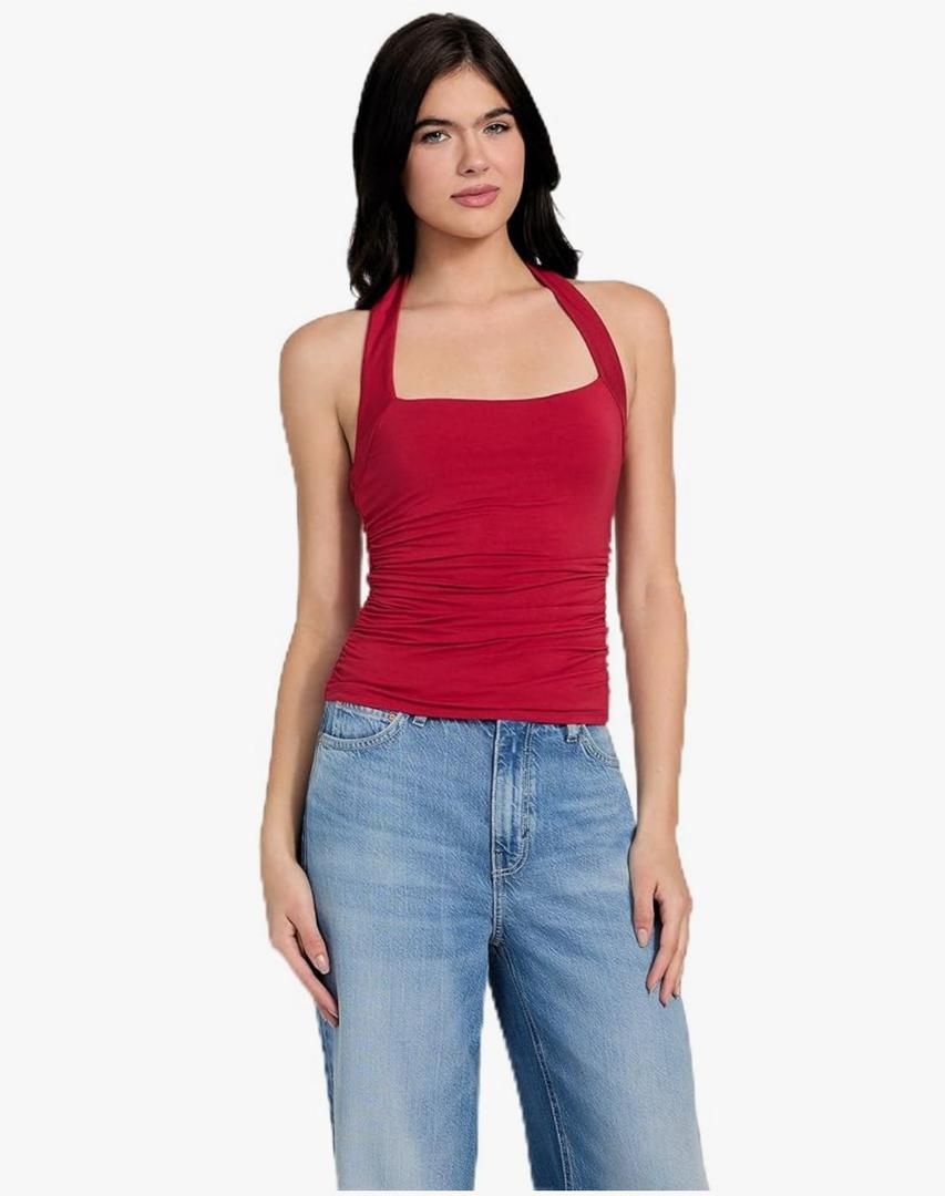 GUESS Women's Eco Sleeveless Halter Shirred Nora Tank, Size M