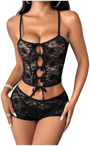 Verdusa Women's Floral Lace 2 Piece Outfits Tie Front Crop Cami Top with Mini Shorts, Black, M 