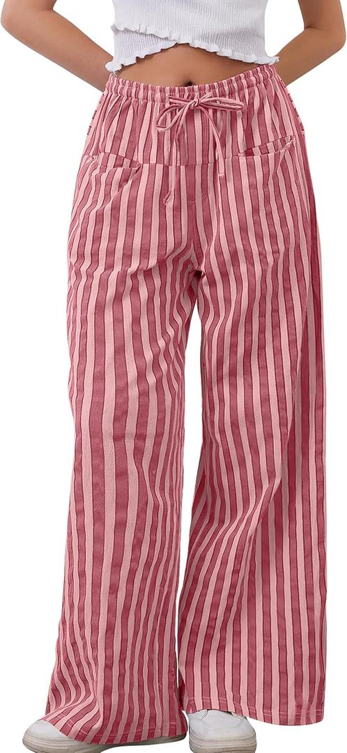 MISSACTIVER Women Drawstring Striped Pants Loose Wide Leg Trousers Casual Low Waist Pants Comfy Lounge Pants with Pockets (Small, Rose Pink)