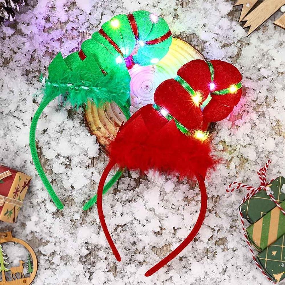 DRESBE LED Christmas Elves Headbands Light Up Elf Hat Headband Cute Festival Party Hair Accessories for Women(Pack of 2)