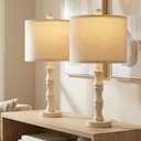 BOBOMOMO 20.5" Farmhouse Bedside Lamps Set of 2, Vintage Nightstand Lamps with Antique White Resin Base & Linen Shade, Small Table Lamps for Bedroom, Living Room, Nursery & Light Neutral Home Décor