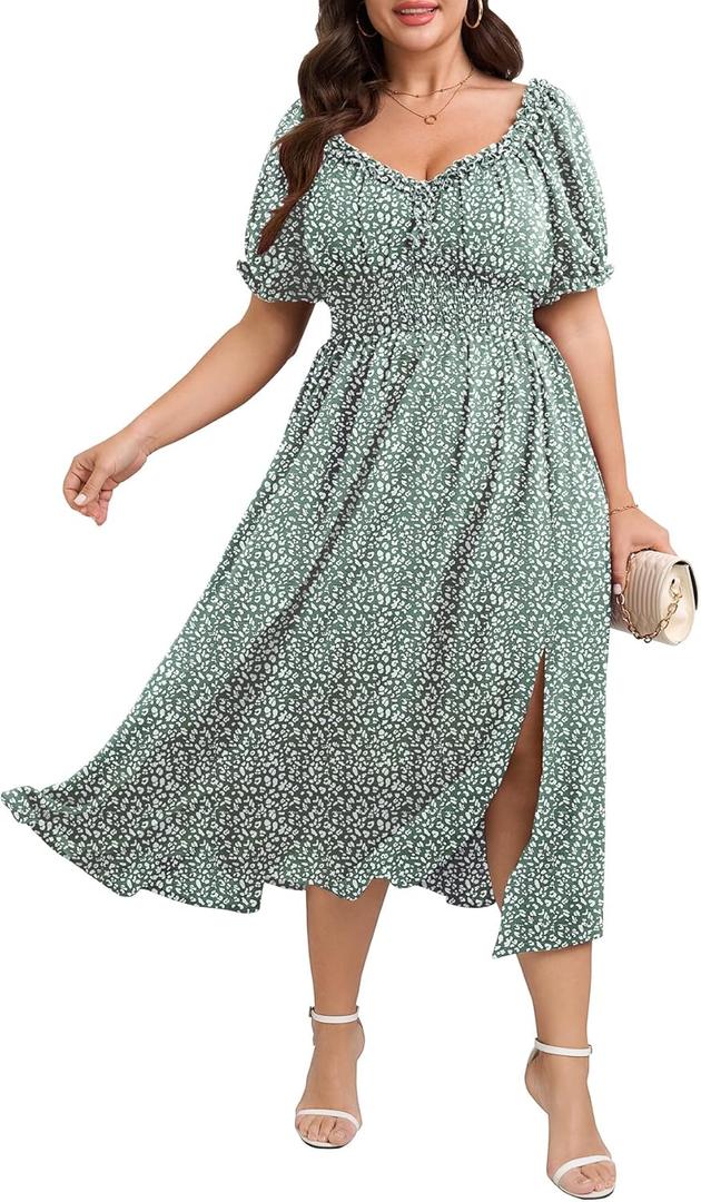 Womens Plus Size Dress Wedding Guest Cocktail Short Sleeve Stringy Selvedge V Neck Slit A Line Flowy Maxi Dresses (Green, XL)