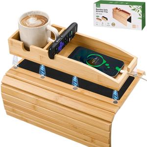 Joy&Grace Couch Cup Holder, 3-in-1 Magnetic Detachable Couch Arm Tray, Bamboo Sofa Armrest Table with Anti-Slip Pad, Sofa Armrest Tray Table (Natural)