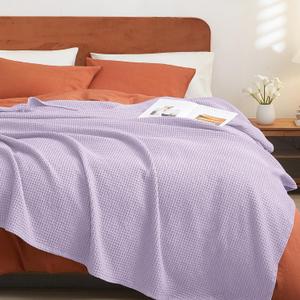 PHF Pre-Washed Cotton Waffle Weave Blanket Twin Size for Bed,Snag Proof Throw Blanket for Couch Spring Summer,Lightweight Breathable,Oeko-TEX Certified,Machine Washable, Home Decor Gift,Taro Purple (Twin(66" x 90"))