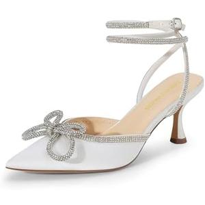 DREAM PAIRS Kitten Heels Rhinestone Bow Ankle Strap Stiletto Pointed Closed Toe Heels for Women Pumps Wedding Bridal Party Dress Shoes 7