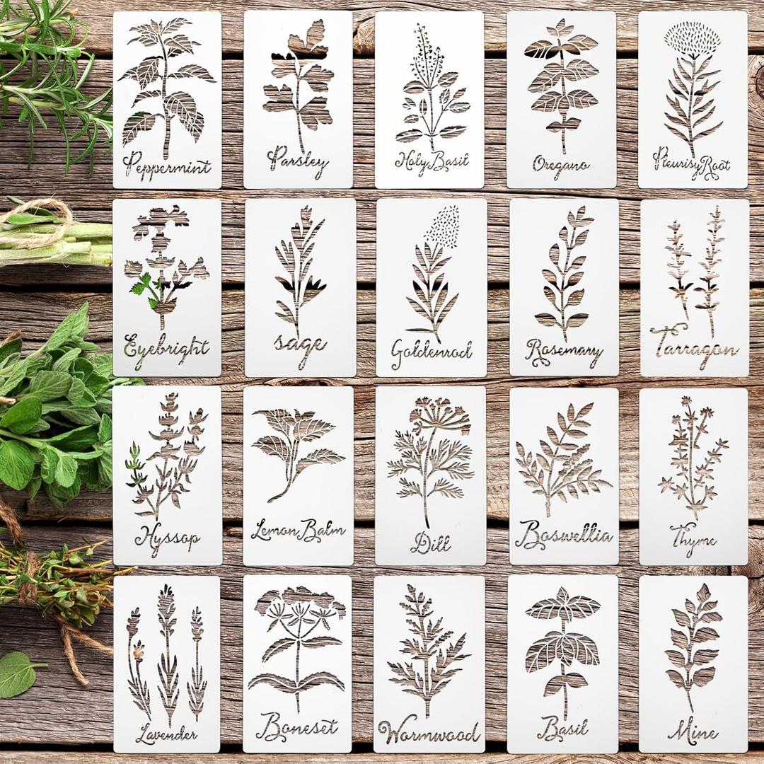 Jecery 20 Pcs Herb Stencils for Craft Painting on Wood Reusable DIY Craft Paint Template Herb Botanical Leaf Garden Kitchen Plant Stencils for Art Scrapbook Wall(5.91 x 3 Inches)