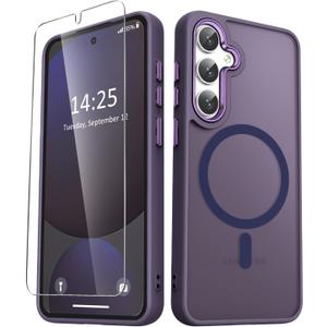 for Samsung Galaxy S25 Case, Matte Magnetic Phone Case with 1 Screen Protector, Support for Magsafe, Translucent Frosted Shockproof Protective Cover for Samsung Galaxy S25, Purple