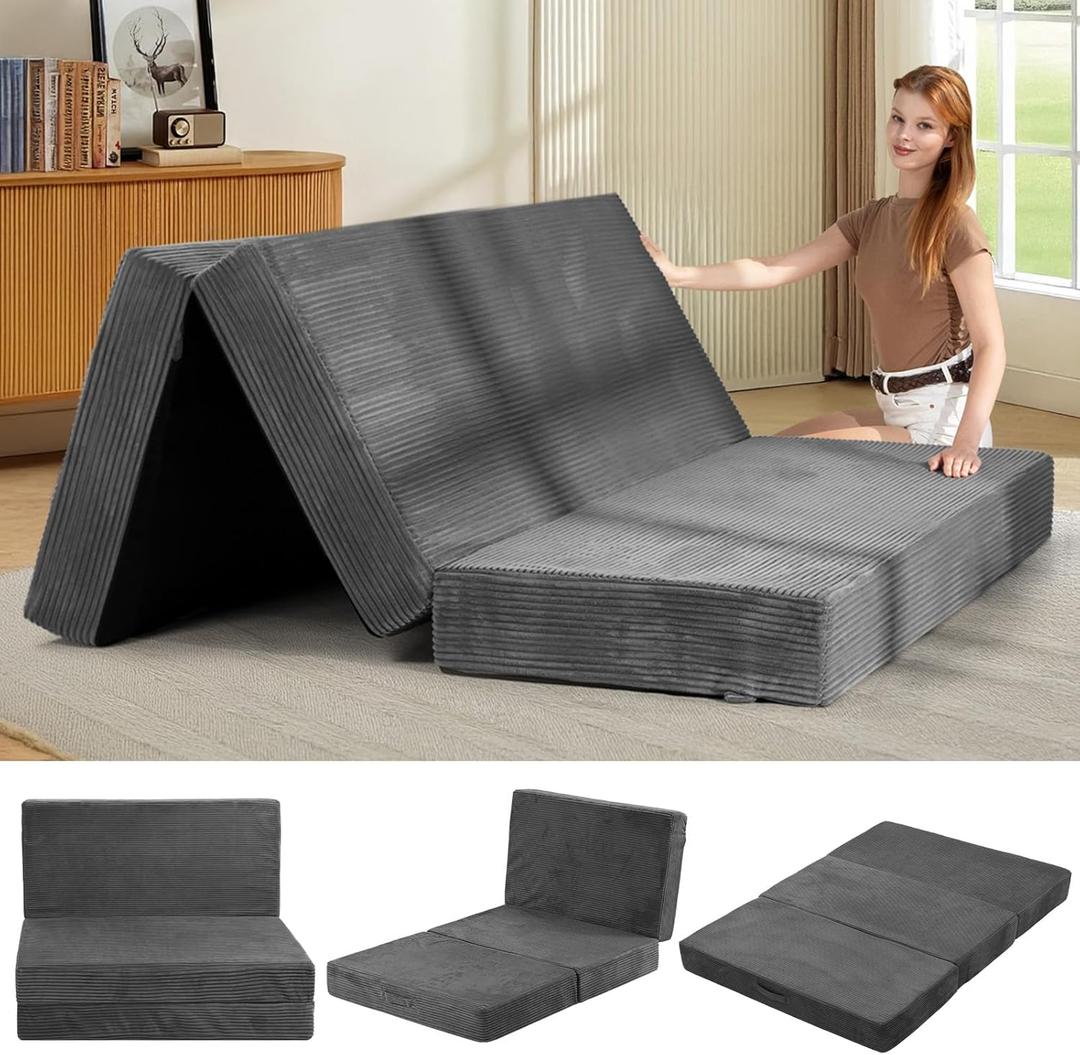 6-Inch Tri-Folding Mattress Queen Size - Foldable Futon Sofa Bed with Removable Washable Cover, Folding Futon Mattress | Non-Slip Bottom & Carry Handles for Guest, Camping