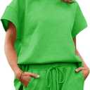 Imily Bela Womens Loungewear Set Short Sleeve Tops and Shorts 2 Piece Outfits Plus Size Oversized Pajama Set with Pockets (Green)