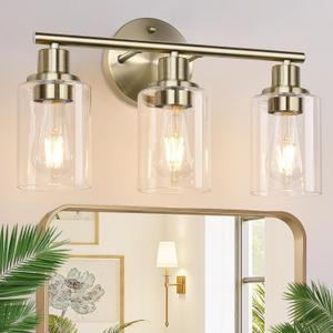 3-Light Bathroom Light Fixtures, Brushed Brass Bathroom Wall Lights with Clear Glass Shade, Modern Bathroom Wall Lamp for Mirror Kitchen Living Room Hallway Cabinet