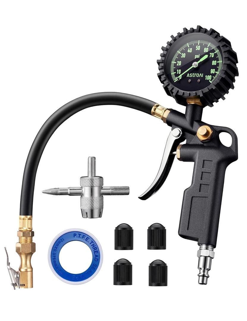 AstroAI Tire Pressure Gauge with Inflator, 100 PSI-ANSI B40.1 Accurate, Large 2.5" Easy Read Glow Dial, Heavy Duty Air Chuck and Compressor Accessories with Rubber Hose and Quick Connect Coupler