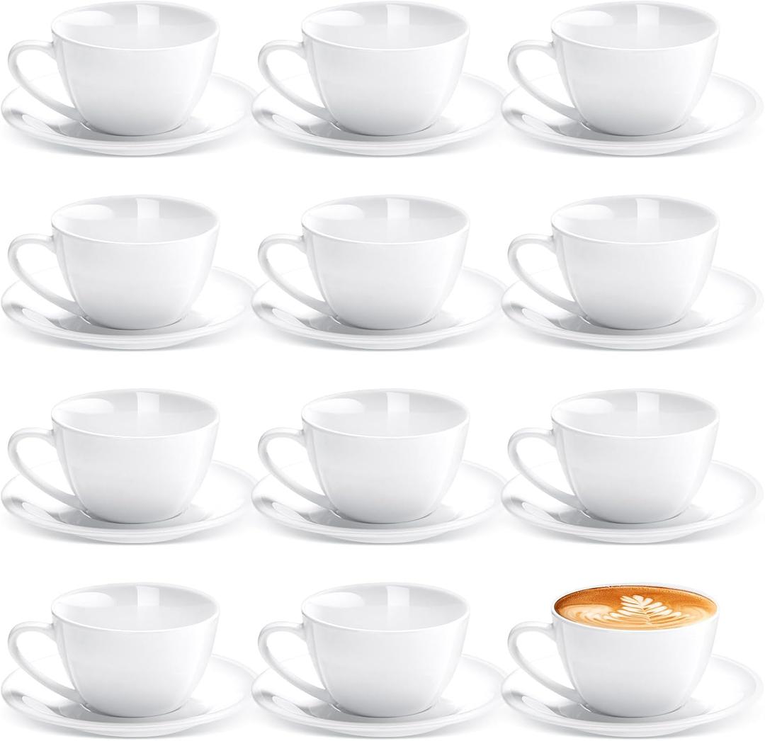 Maxdot 12 Set 5.5 OZ Porcelain Espresso Cups with Saucers White Ceramic Coffee Cups and Saucers Cappuccino Mug Latte Cup for Cafe Mocha Barista Coffee Shop