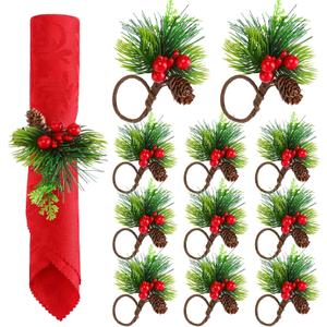 12 Pieces Christmas Napkin Rings Napkin Holder with Pine Cone Pine Needle Red Berries Live-like Handmade Napkin Ring Holder Xmas Serviette Buckle Holder for Christmas Wedding Party Banquet Table Decor