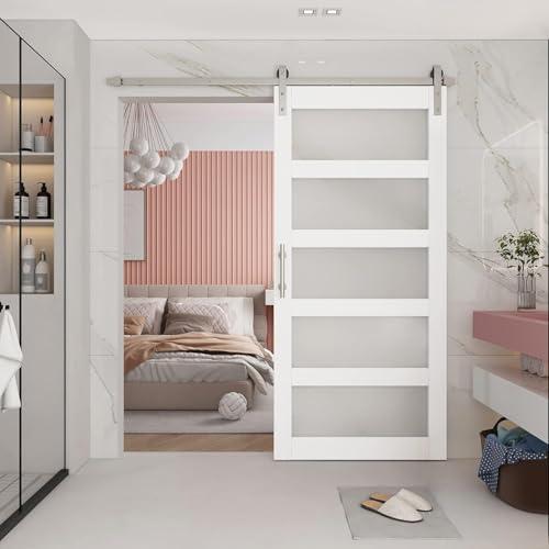 BARNSMITH 48in x 96in Glass Barn Door and 8FT Nickle Sliding Door Hardware Included, 5-Panel Sliding Barn Door, Solid Wood Covered with Water-Proof PVC Surface, Easy Assembly, White