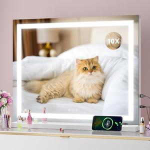 Batuso Vanity Mirror with Lights, 23" x 18" LED Makeup Mirror with 10X Magnification, Dimmable 3 Modes, Memory Function, Smart Touch, USB Charging Port, Lighted Makeup Mirror Square White