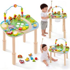 Activity Table for 1 Year Old with Two Height Levels,Wooden Sensory Play Table for Toddlers 1-3,8 in 1 Montessori Learning Toy with Bead Maze, Shape Sorter & Train,Gift for Baby Boys Girls (Farm)