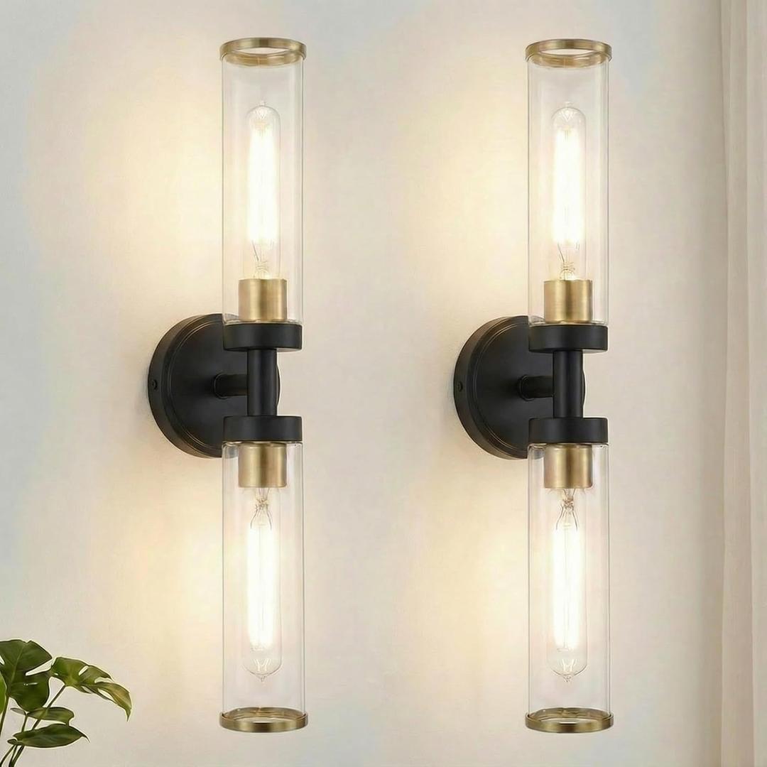 Black and Gold Wall Sconces Set of Two, Bathroom Light Fixtures with Clear Glass Modern Hardwired Wall Scones for Bathroom Mirror Living Room Hallway Bedroom(Bulbs Not Include)