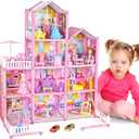 deAO Doll House for Girls, 4-Story Dollhouse with 10 Rooms, 2 Dolls, Furniture and Accessories, Toddler Playhouse Gift for 3 4 5 6 7 8+ Year Old Girls