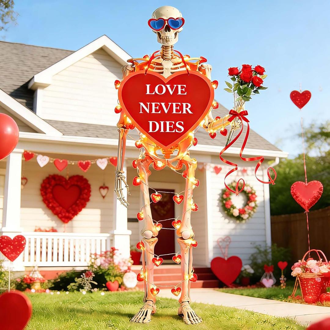 12FT Skeleton Valentine Outfit, Giant Skeleton Clothes Accessories with LED Heart Light String, Sunglasses, Roses & Heart Hanging Sign, Romantic Outdoor Lawn & Garden Display, Skull Not Included