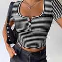 Zeagoo Womens Summer Tops Short Sleeve Shirts Ribbed Knit Square Neck Tshirt Basic Slim Fitted Tee Business Casual Outfit (M)