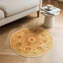 Carvapet Faux Jute 2 ft Round Rug - Soft Low Pile Small 24 inch/61 cm Sunshine Print Washable Circle Carpet with Non Slip Rubber Backing, Foldable Area Rug for Living Room Bedroom Nursery Bathroom