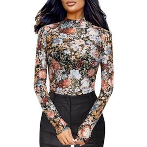 BemorRun Floral Mesh Long Sleeve Tops for Women Mock Neck See Through Fitted Sexy Going Out Top (Medium)