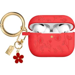 Flower Engraved Case Compatible with AirPods Pro 2 Case Cover 2022, Silicone Case for AirPods Pro 2nd/1st Generation with Cute Flower Keychain and Carabiner for Girls Women (Red)