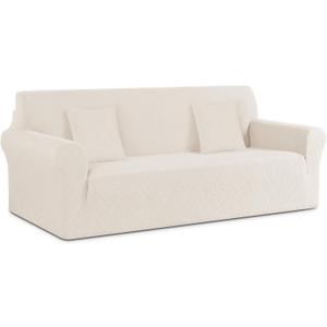 Ruaozz Stretch Sofa Cover 1 Piece Couch Covers for 3 Cushion Couch Non Slip Universal Sofa Slipcover Washable Soft Jacquard Furniture Protector with 2 pcs Throw Pillow Covers (3 Seater, Ivory)