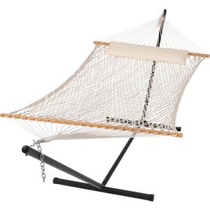 SUNCREAT Double Outdoor Hammock with Stand Included, Portable Cotton Rope 2 Person Hammock for Outdoor, Patio, Garden, Backyard, Beige