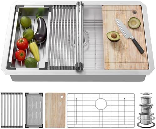 33 Undermount Kitchen Sink, 33x19 Stainless Steel Sinks 16 Gauge Deep Single Bowl WorkstationUnder Counter Kitchen Sink with Built-in Accessories - Amazon.com