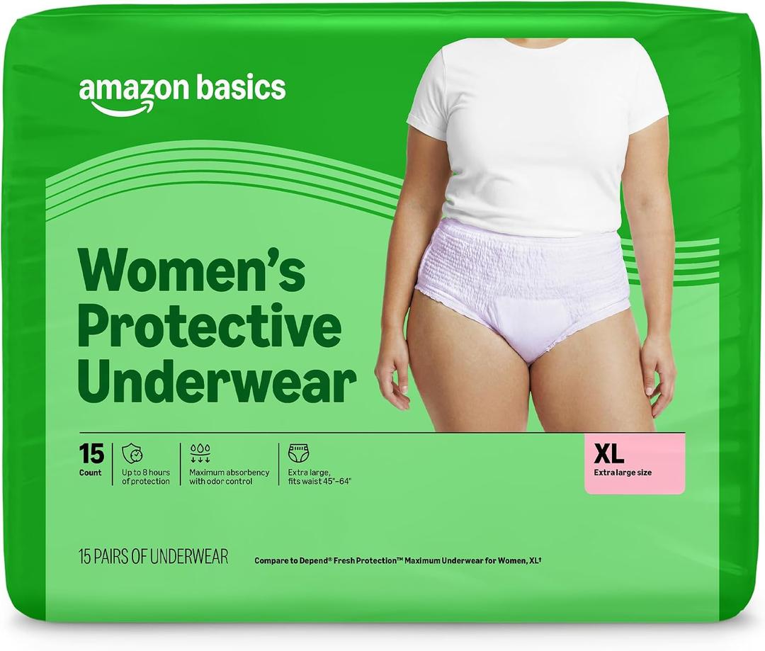 Amazon Basics Postpartum Incontinence Underwear for Women, Maximum Absorbency, Leak Protection, Odor Guard, Soft Comfortable Fit, Disposable, X-Large, Lavender, 15 Count, (3pack)