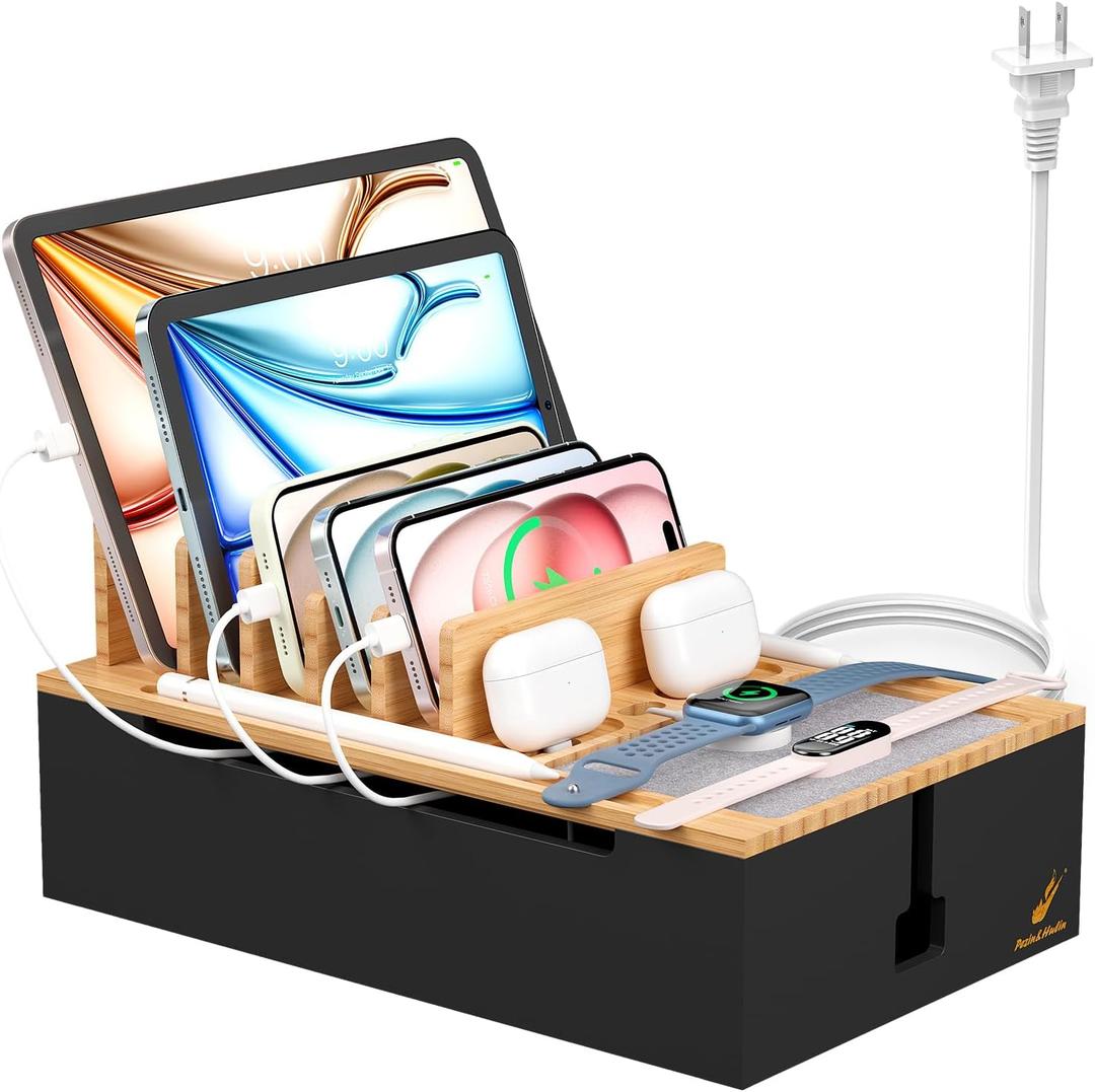 Pezin & Hulin Bamboo Charging Station for Multiple Devices, USB Charger Dock Organizer, with Power Supply (10 Ports HUB), 6 Cables, Cable Management Organizer for Cell Phones, Tablets -Natural+Black