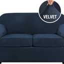 H.VERSAILTEX Real Velvet Plush 3 Piece Stretch Sofa Covers Couch Covers for 2 Cushion Couch Loveseat Covers Width Up to 72 Inch Feature Thick Soft Stay in Place (Medium Sofa, Navy)