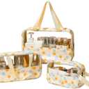 Travel Toiletry Bag, Clear Makeup Bags with Handles, Floral Pattern Shower Bag, 3 Pcs Waterproof Toiletry Bag Set for Camp, Travel, Gym (Yellow, Floral)