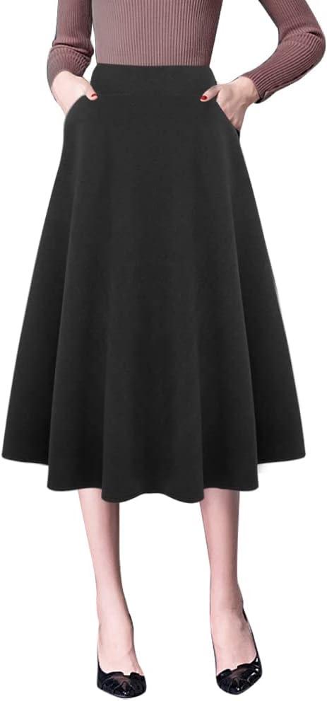 IDEALSANXUN Plaid Skirts for Womens Fall Winter High Waist Aline Pleated Midi Skirts (3X-Large, Pure Black)