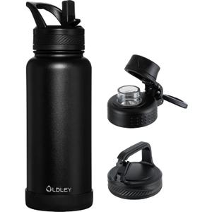 OLDLEY 32 oz Insulated Water Bottle With Straw, Stainless Steel Sports Water Cup Flask with 3 Lids(Straw, Spout and Handle Lid) Double Walled Travel Thermal Canteen Mug,Black