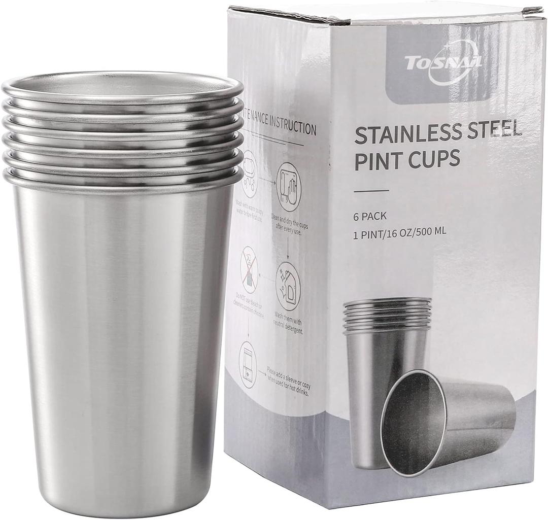 Tosnail 6 Pack 16 oz Stainless Steel Pint Cups Metal Cups Unbreakable Drinking Glasses Water Tumblers for Kids, Adults Indoor and Outdoor Use - Silver