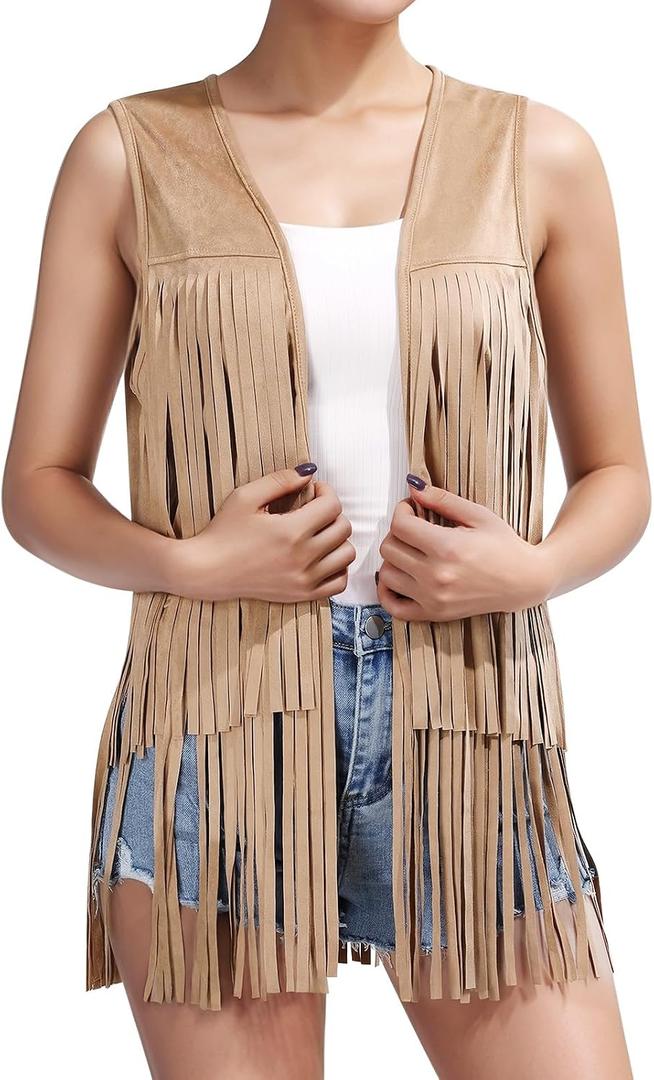 UpFind Women's Khaki Fringe Vest Cowgirl Western Vest 60s 70s Hippie Faux Suede Tassel Jacket Country Concert Outfits, Small
