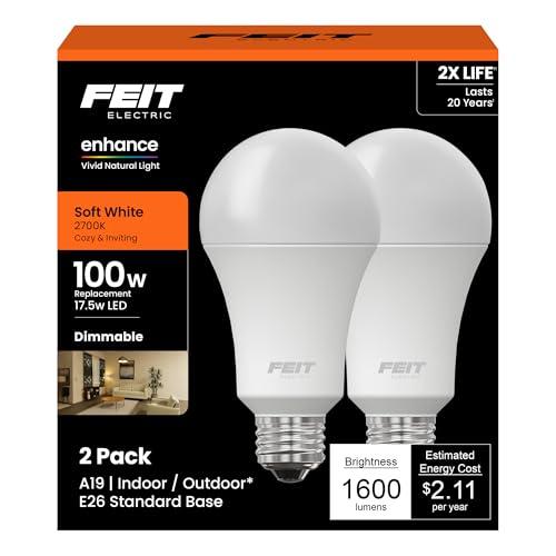 Feit Electric A19 LED Light Bulb, 100W Equivalent, Dimmable, E26 Base, CRI 90, 1600 Lumens, 2700K Soft White, General Purpose Light Bulb, 22-Year Lifetime, OM100DM/927CA/2, 2 Pack