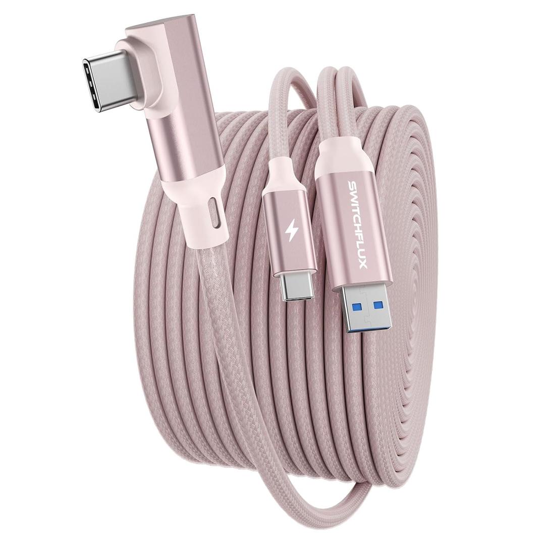 SWITCHFLUX 16FT VR Charging Link Cable | USB 3.0 High-Speed Data & Charge for Meta Quest 3S/3/2/Pro, Pico 4 and PC/SteamVR USB-C Charger Cord for VR Headset - Pink