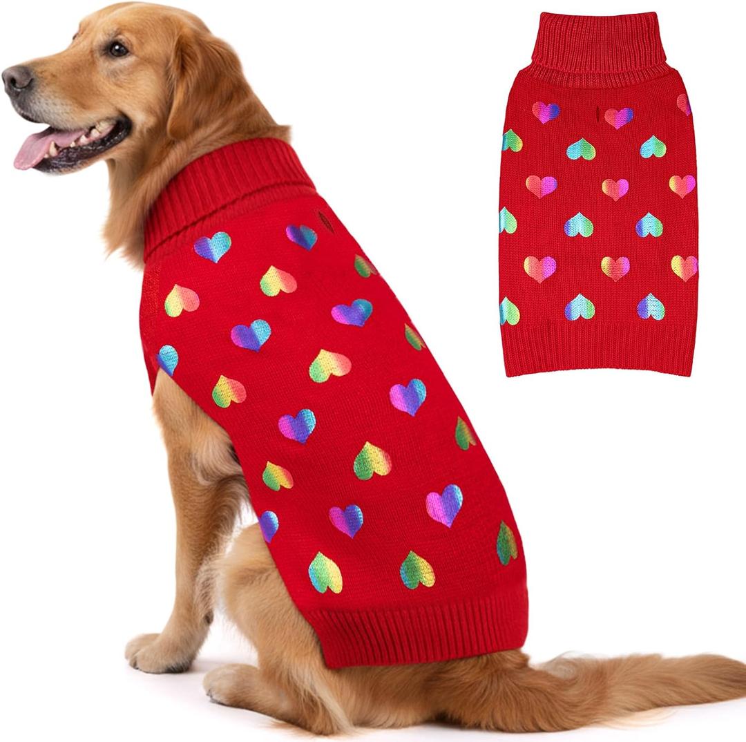 KYEESE Valentines Dog Sweater, Soft Large Dog Sweater with Heart Sequined Printing, Turtleneck Pet Sweaters for Large Dogs, Comfy Pet Sweaters Medium Size Dogs, Warm Pets Clothes with Leash Hole, 2XL (2XL (35-60lbs))