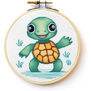 Generic Cartoon Simple Figure Sea Turtle 11CT Stamped Cross Stitch Kits with Hoop Easy for Beginners Child Needlepoint Counted Embroidery Kits Art Craft Wall Decor 12x12IN(4)