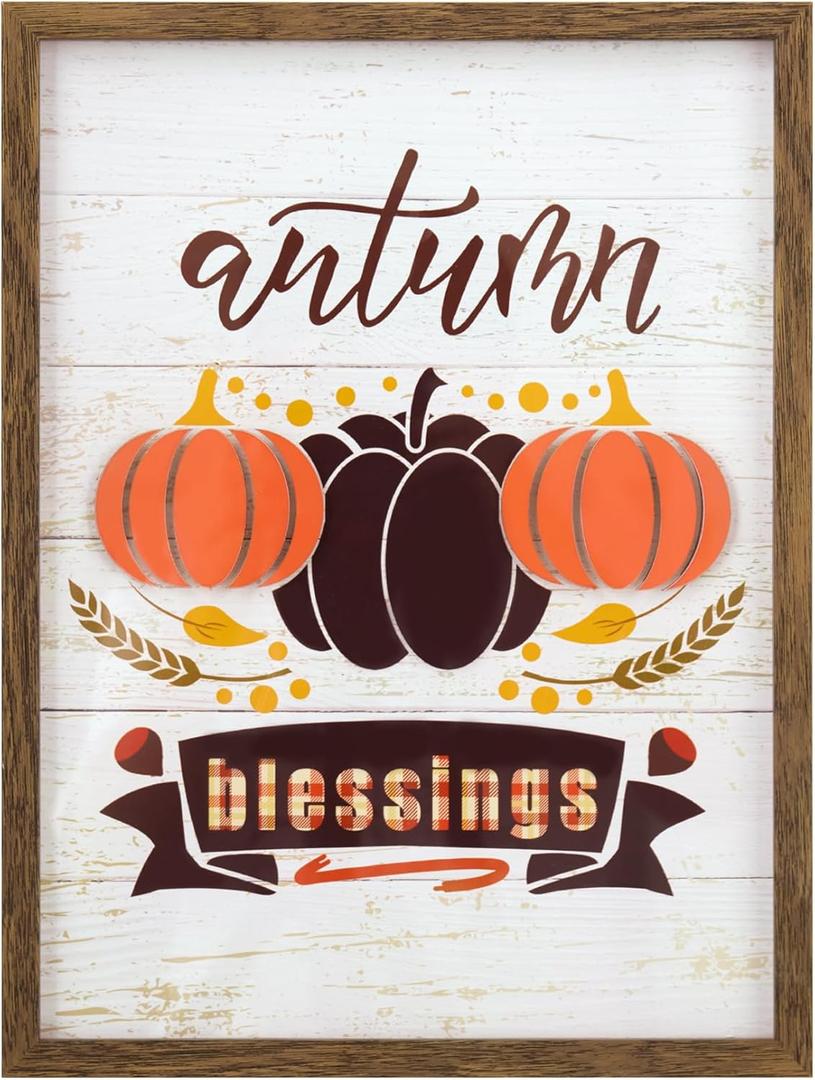 ArtbyHannah Fall Wall Deocr Framed 3d Fall Wall Art,Rustic Thanksgiving Decor with Pumpkins Fall Pictures Wall Decor,Vintage Fall Decorations for Home Kitchen Living Room(1216 Inch Brown Framed)
