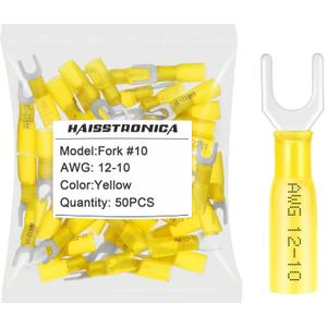 haisstronica 50pcs #10 Yellow Heat Shrink Fork Connectors, 12-10 Gauge Insulated Electrical Crimp Wire Terminals